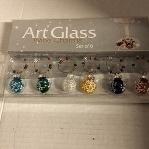 DEI 6 PC ART GLASS HOLIDAY ICONS WINE CHARMS. BRAND NEW IN BOX.